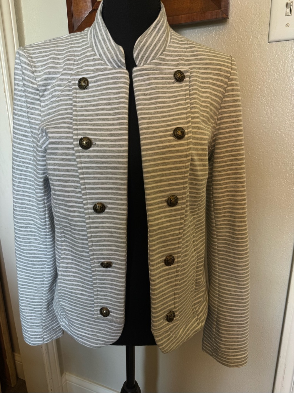 Tommy Hilfiger Gray and White Striped Military-Style Blazer